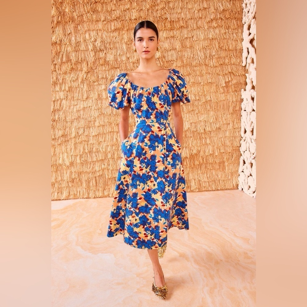 NEW Ulla Johnson Imara Blue Floral Cotton Short Sleeve Midi Dress | size 2